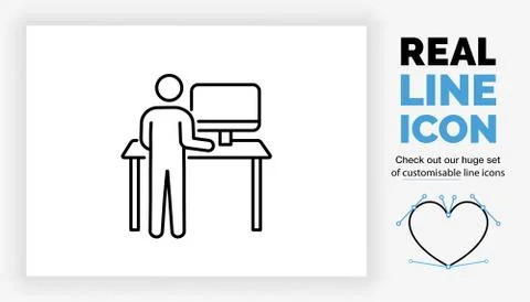 Editable real line icon of a stick man figure behind a hight adjustable stand Stock Illustration