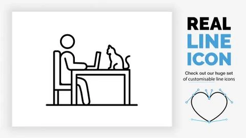 Editable real line icon of a stick figure person working in a chair at his ho Stock Illustration