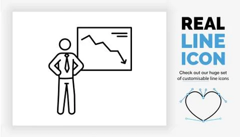 Editable real line icon of a stick figure businessman with a negative chart Stock Illustration