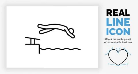Editable real line icon of a stick figure person diving in the water from the Stock Illustration