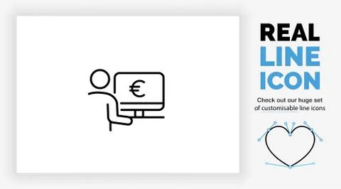 Editable real line icon of a stick figure person at his desk on a computer ch Stock Illustration