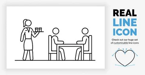 Editable real line icon of a stick figure waitress serving a table of custome Stock Illustration