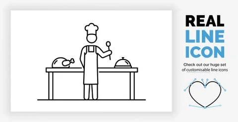 Editable real line icon of a stick figure chef cook in full body Stock Illustration