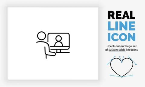 Editable real line icon of stick figure people working from home on their com Stock Illustration