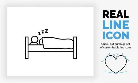 Editable real line icon of a stick figure sleeping in his bed with a blanket Stock Illustration