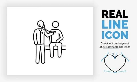 Editable real line icon of a stick figure patient sitting and a doctor Stock Illustration