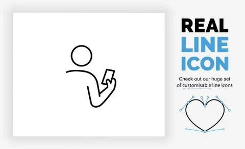 Editable real line icon of a stick figure person on his mobile phone Stock Illustration