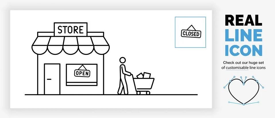 Editable real line icon of a store illustration with a open and closed sign Stock Illustration
