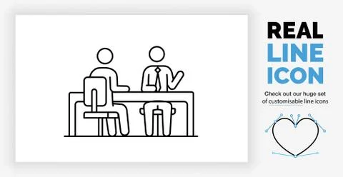Editable real line icon of two stick figure business people sitting at a desk Stock Illustration