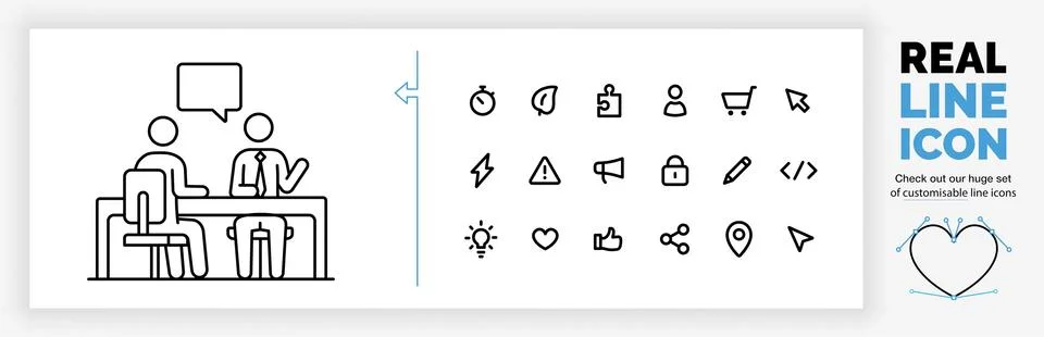 Editable real line icon of two stick figure business people sitting at a desk Stock Illustration