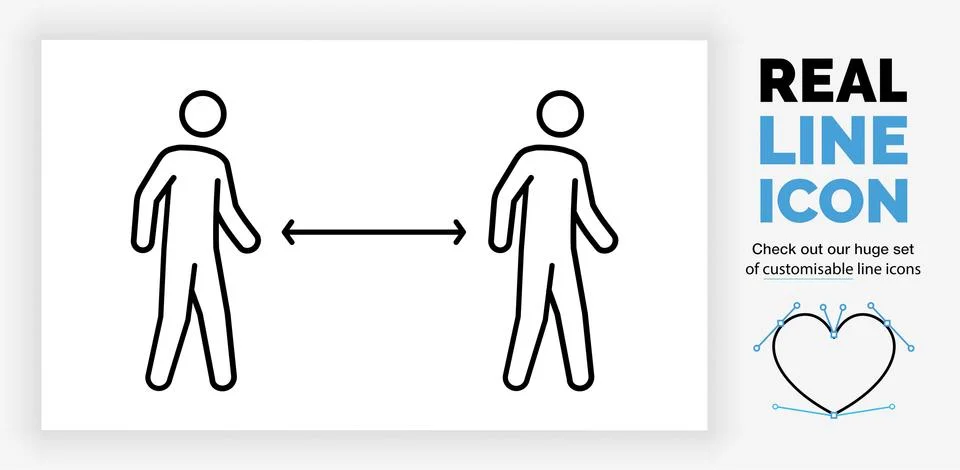 Editable real line icon of two walking stick figure people having social dist Stock Illustration