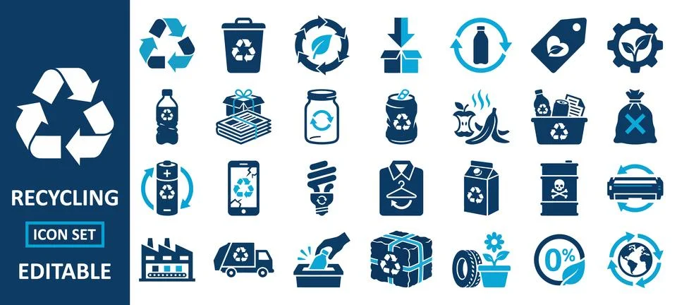 Editable Recycling Icon Set Featuring Various Eco-friendly Symbols Illustrazione stock