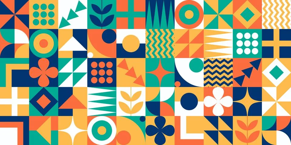 Editable seamless pattern with bold simple shapes in vibrant colors 스톡 일러스트