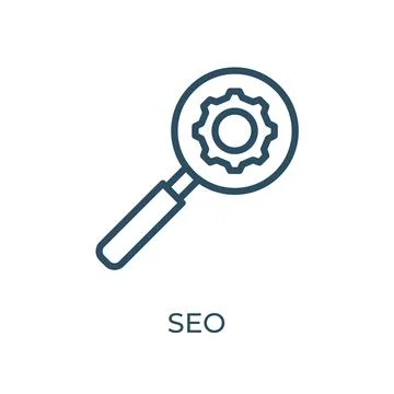 Editable Seo optimization thin vector line icon. Magnifying glass with gear w Stock Illustration