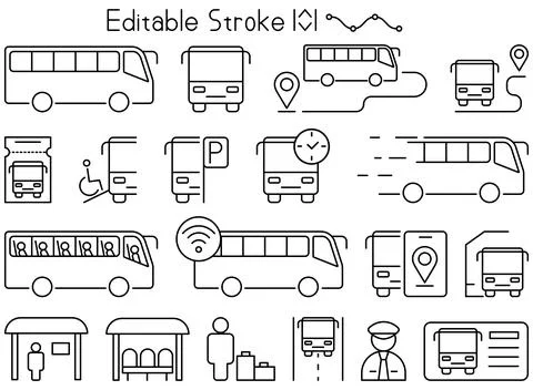 Editable stroke bus transportation icon set featuring public transit symbol.. Illustrazione stock