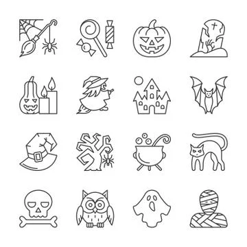 Editable stroke Halloween thin line icon set Stock Illustration