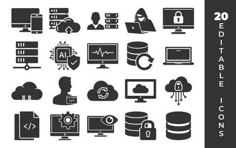 Editable technology &amp; cybersecurity icons artificial intelligence technology Stock Illustration