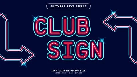 Editable Text Effect Bright neon letters of red and blue color club sign text Stock Illustration