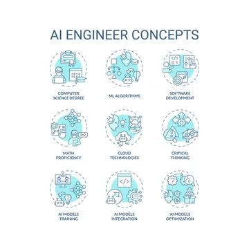 Editable thin line icon set representing AI engineer Stock Illustration