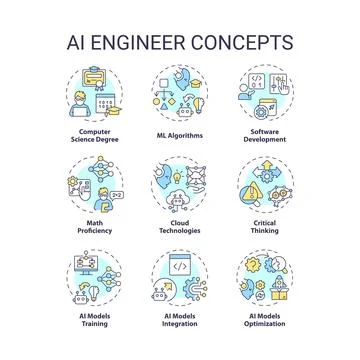 Editable thin line icon set representing AI engineer Stock Illustration