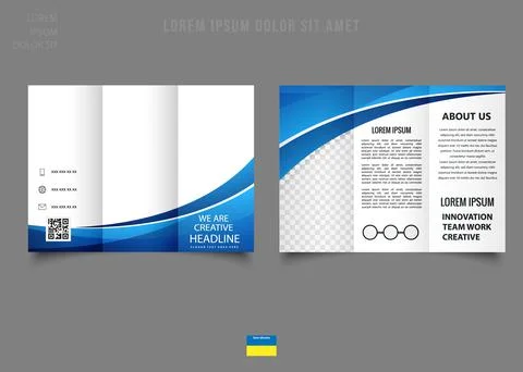 Editable tri-fold brochure design with blue wave shape. Flyer for printing. C Stock Illustration
