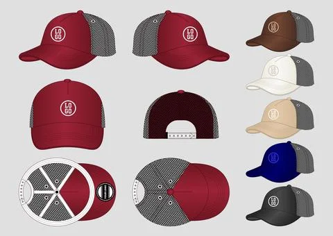 Editable Trucker Cap Design Template in Various Angles and Colors Illustrazione stock