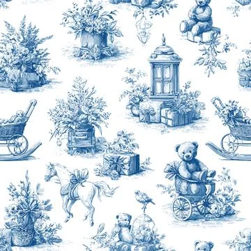 Editable Vector Baby Theme Blue Toile Christmas Seamless Pattern 9 Teddy Bears Stock Illustration