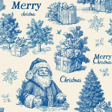 Editable Vector Blue Toile Christmas Seamless Pattern with Santa Claus イラスト素材