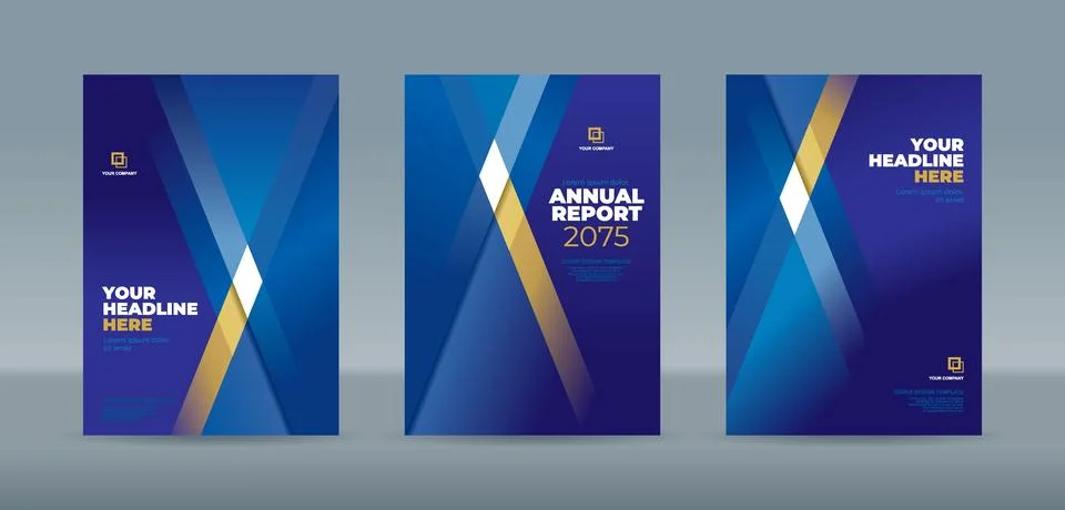 Editable vector book cover template with elegant blue, gold, and white geom.. Stock Illustration