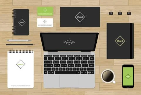Editable vector branding mockup for CI on wood background Stock Illustration