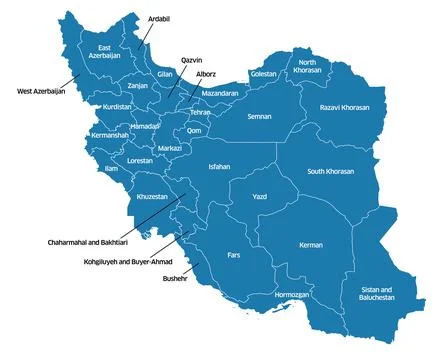 Editable vector file of the country of Iran, showing its various provinces Stock Illustration
