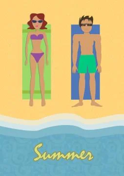Editable vector illustration of a man and woman sunbathing on beach towels Stock Illustration
