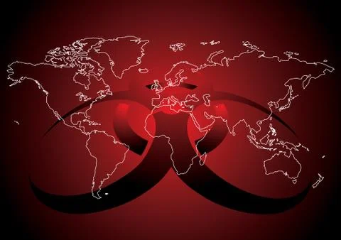 Editable vector illustration of world map with virus sign in red color Stock Illustration