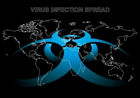 Editable vector illustration of world map with virus sign in blue color Stock Illustration