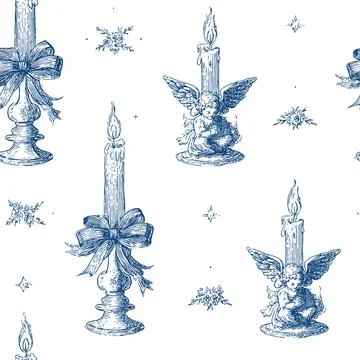 Editable Vector Seamless Vintage Toile Christmas Pattern 6 with Angels and .. Stock Illustration