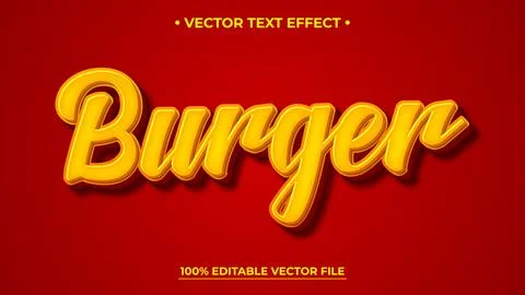 Editable vector text effect for 'Burger' in yellow cursive font Stock Illustration