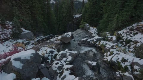 Edith Mountain Creek in Mount Rainier National Park Covered by Snow Sunrise Stock Footage 253760541