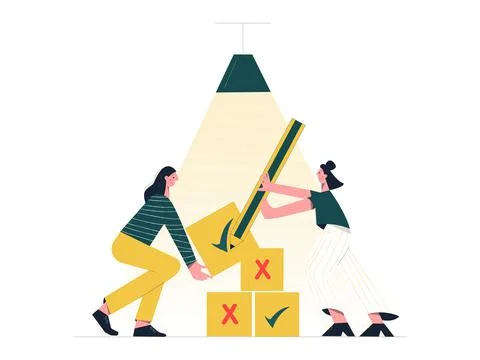Editing and fact check concept. Women's teamwork. Modern flat vector illustra Stock Illustration