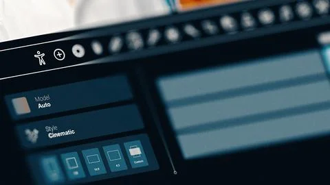 Editing software interface shows tools and options for video editing, focusing Stock Photos