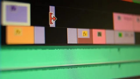 Editing timeline in movie editing software. Macro computer screen. Pixels Stock Footage 196210836