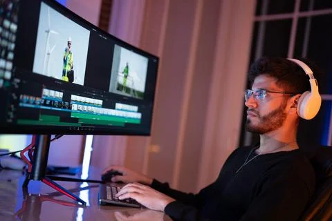 Editing a video project in a modern workspace with dual monitors and focuse.. Stockfoto's
