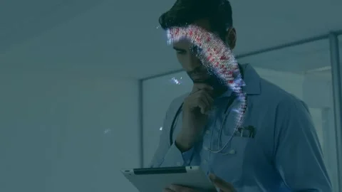 Editor dragging copyright clip onto timeline, overlaying hologram and logos, Stock Footage 330209506