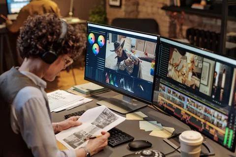 Editor examining script of montage 写真素材