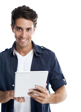 Editor, man and portrait on tablet in studio for news production, editing Stock Photos