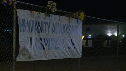 Editorial - 10-8-17 - Las Vegas Shooting Scene - Vigil at Mandalay Bay Police Stock Footage 99377728