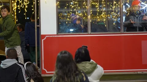 Editorial 4K: Close-up of Children Inside Nostalgic Tram, Izmir, Dec 20, 2025 Stock Footage 324655546