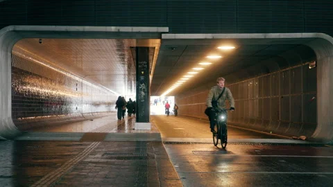 Editorial 4K Cyclists and Pedestrians Passing Through Amsterdam Tunnel Stock Footage 338425968