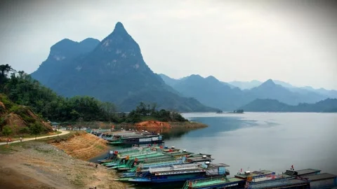 Editorial 4K Drone Misty Dawn at Na Hang Boat Wharf Stock Footage 332969088