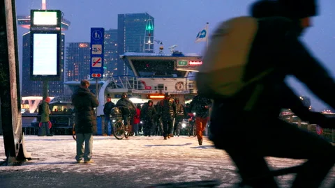Editorial 4K Passengers Leaving Ferry at Amsterdam Central Station Stock Footage 338429511