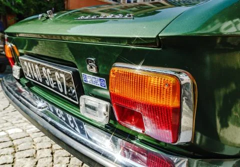 Editorial: 5th August 2018, Barr, Alsace, France. Retro car Peugeot 304 in be Stock Photos